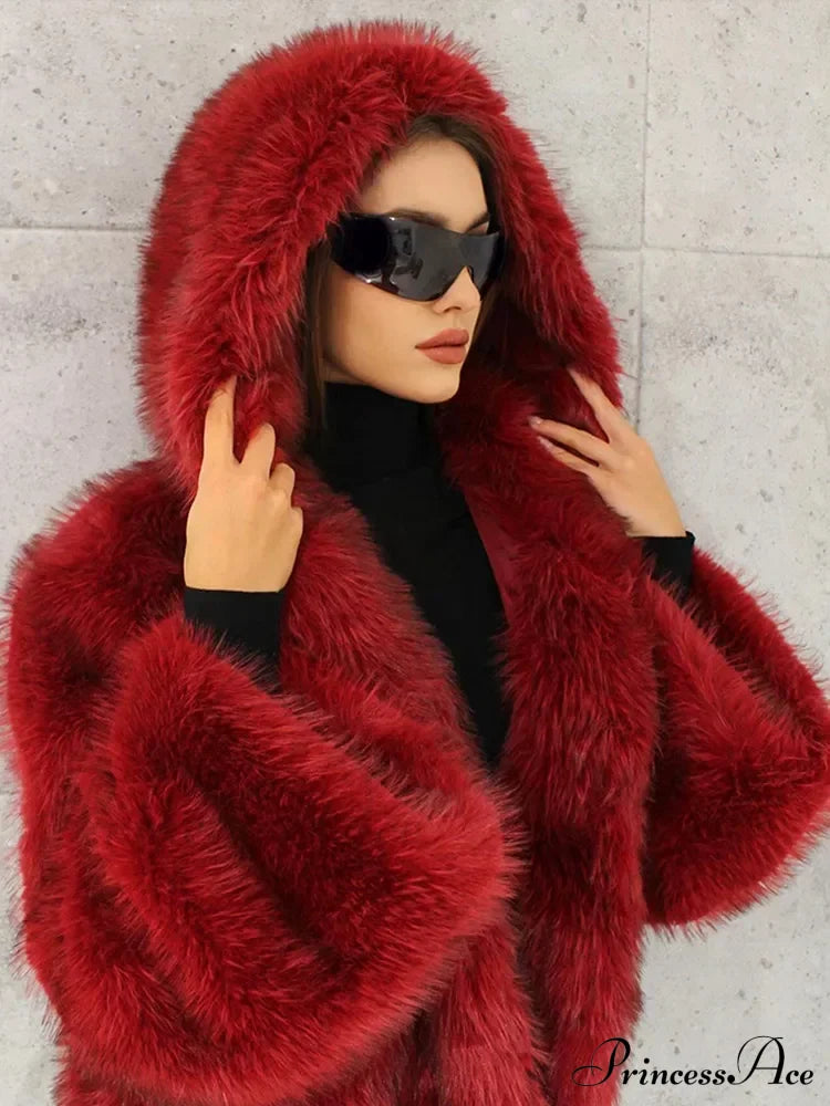 Red Fluffy Hooded Faux Fur Coat Coats-241208