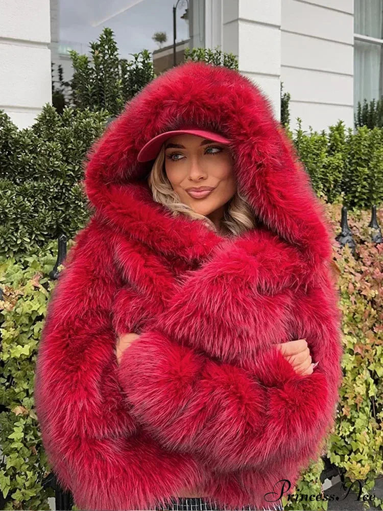 Red Fluffy Hooded Faux Fur Coat Coats-241208