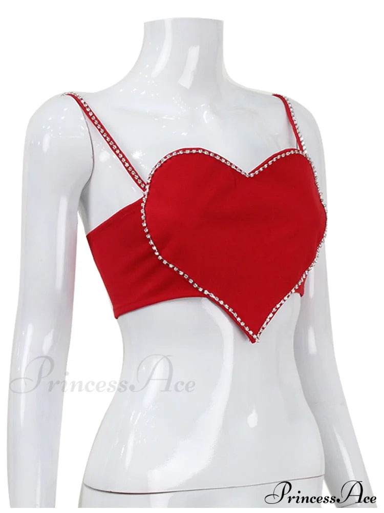 Red Heart Cut Out Graceful Rhinestone Strap Crop Top