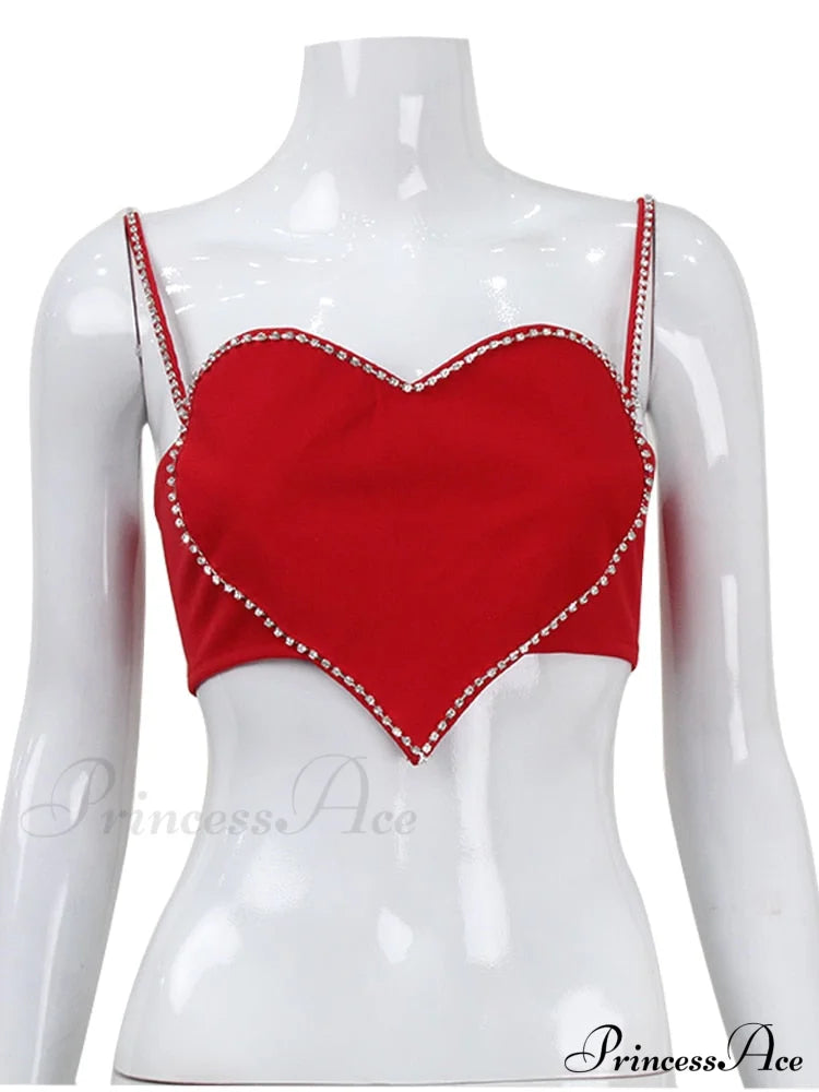 Red Heart Cut Out Graceful Rhinestone Strap Crop Top