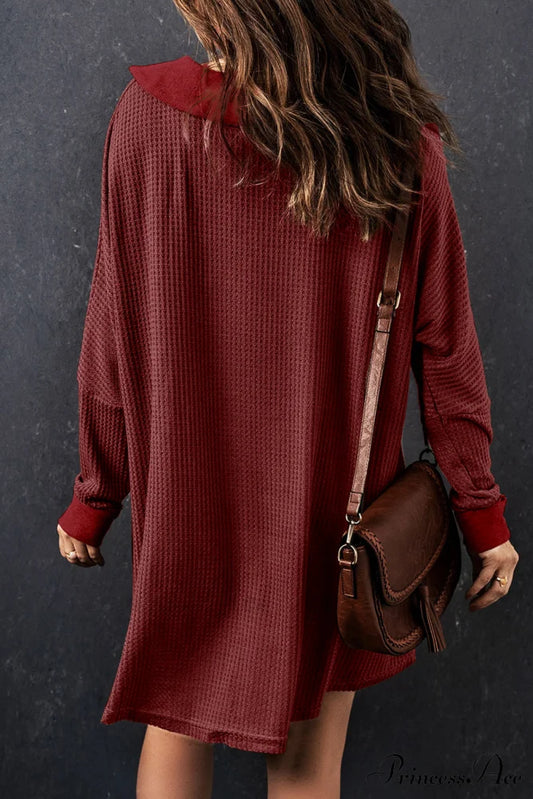 Red Knit Buttoned Waffle Top Tops