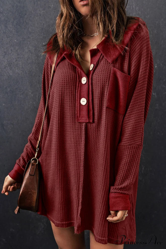 Red Knit Buttoned Waffle Top Tops