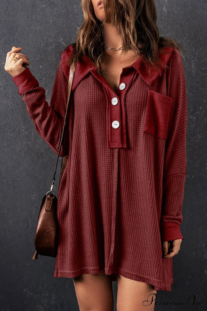 Red Knit Buttoned Waffle Top Tops