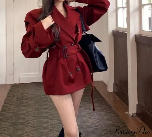 Red Medium Long Trench Coat Burgundy / S Coats-241208