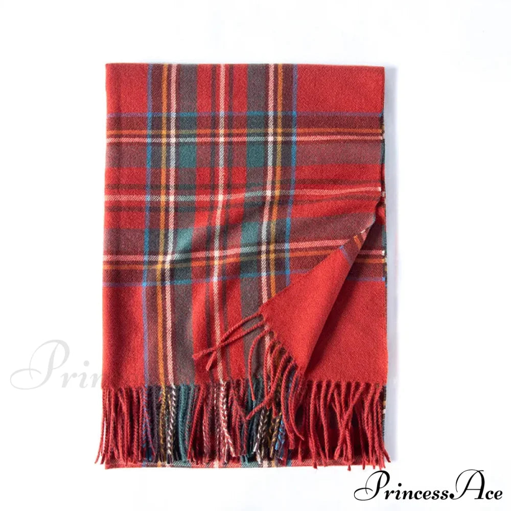 Red Plaid Cashmere Korean Style Fashion Warmer Hijab Pashmina Scarf For Women Red 2 Scarfs-L