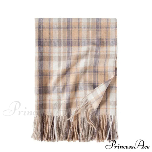 Red Plaid Cashmere Korean Style Fashion Warmer Hijab Pashmina Scarf For Women Beige 1 Scarfs-L