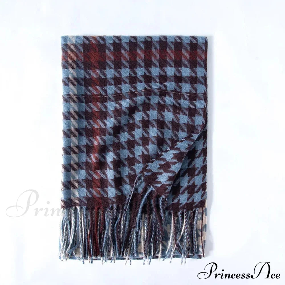 Red Plaid Cashmere Korean Style Fashion Warmer Hijab Pashmina Scarf For Women Blue Scarfs-L