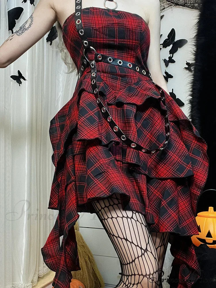 Red Plaid One Shoulder Irregular Strapless Backless Sexy Vintage Lolita Academy Dress Halloween