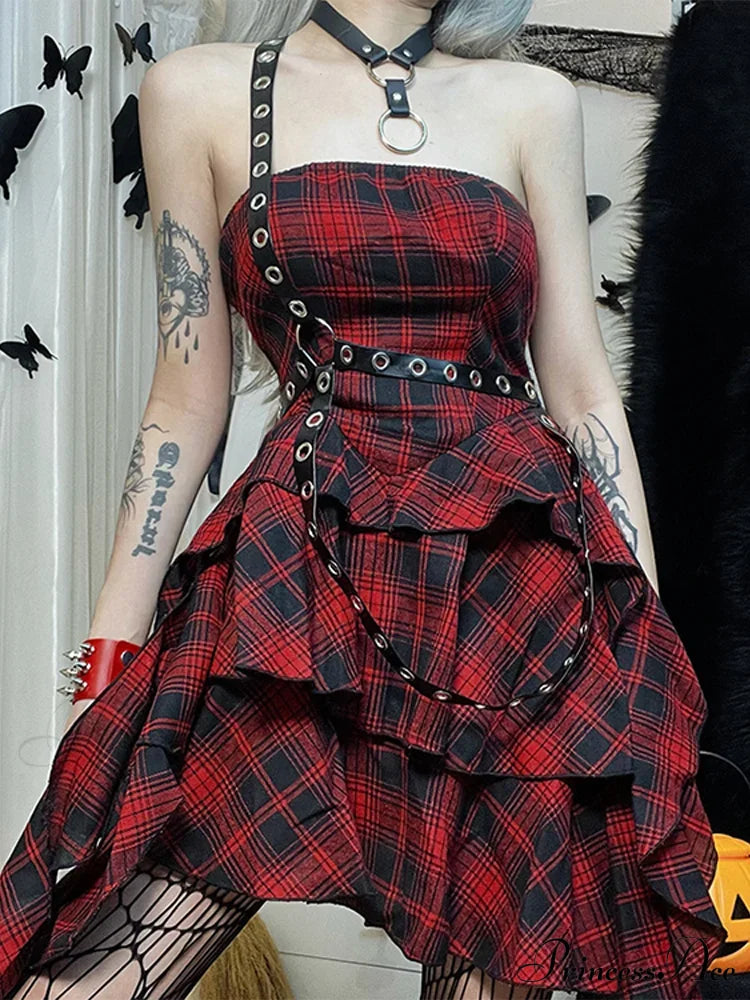 Red Plaid One Shoulder Irregular Strapless Backless Sexy Vintage Lolita Academy Dress Halloween