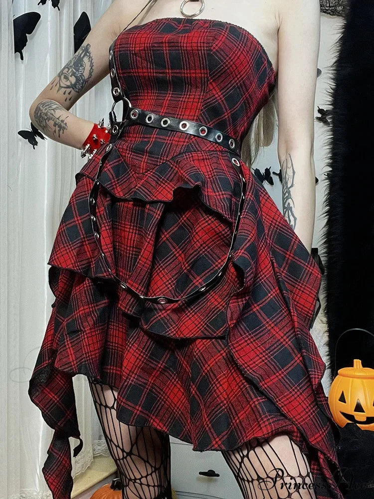 Red Plaid One Shoulder Irregular Strapless Backless Sexy Vintage Lolita Academy Dress Halloween