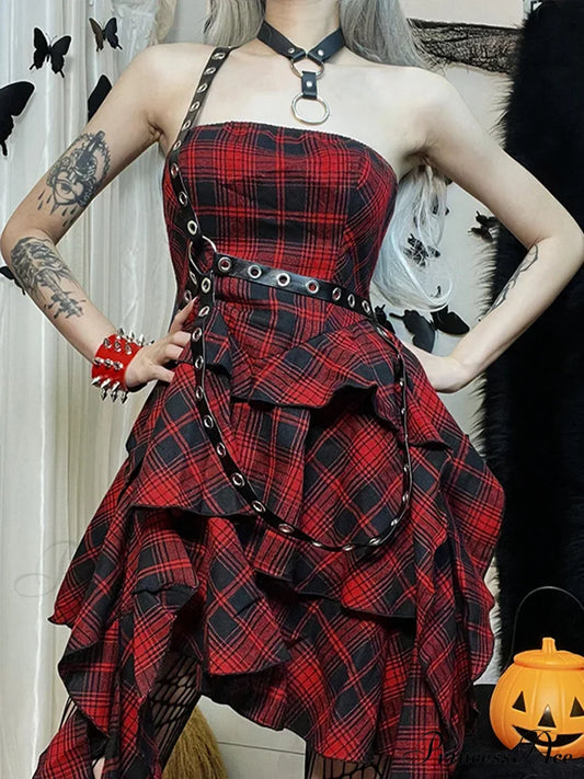 Red Plaid One Shoulder Irregular Strapless Backless Sexy Vintage Lolita Academy Dress Halloween