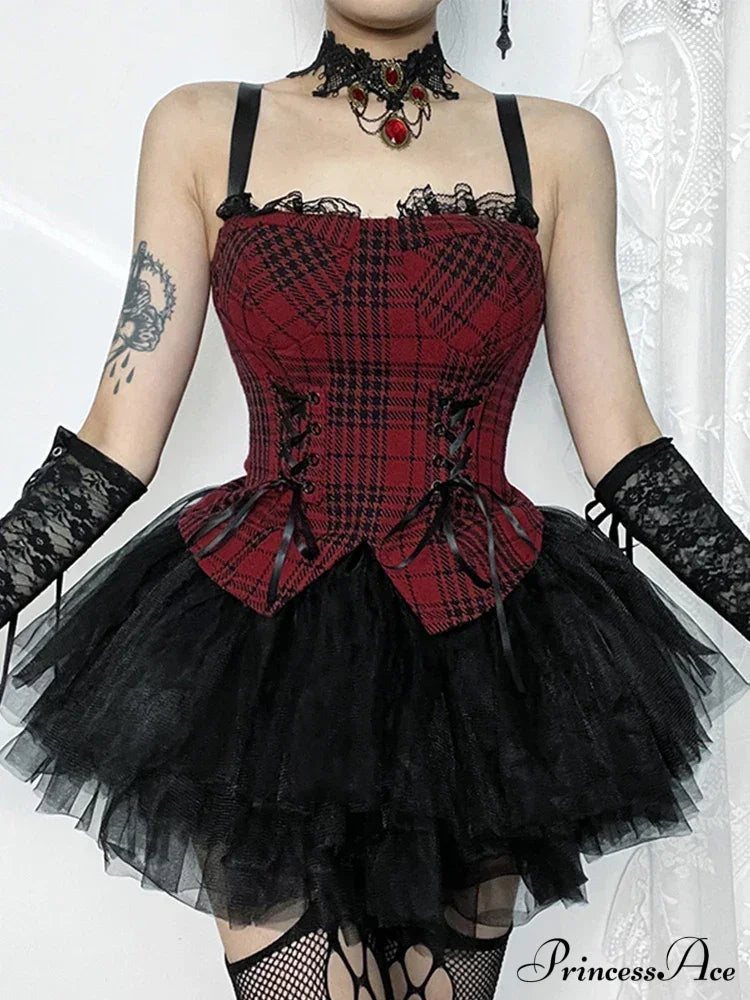 Red Plaid Patchwork Aesthetic Mall Goth Bandage Sleeveless Cropped Crop Top Halloween