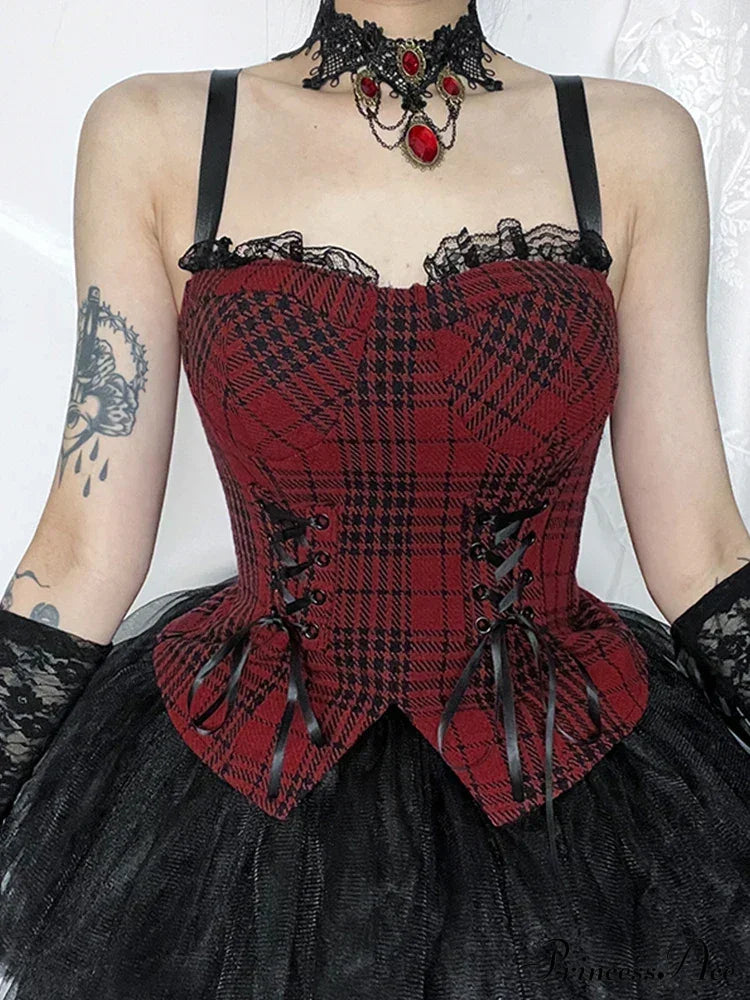 Red Plaid Patchwork Aesthetic Mall Goth Bandage Sleeveless Cropped Crop Top / S Halloween