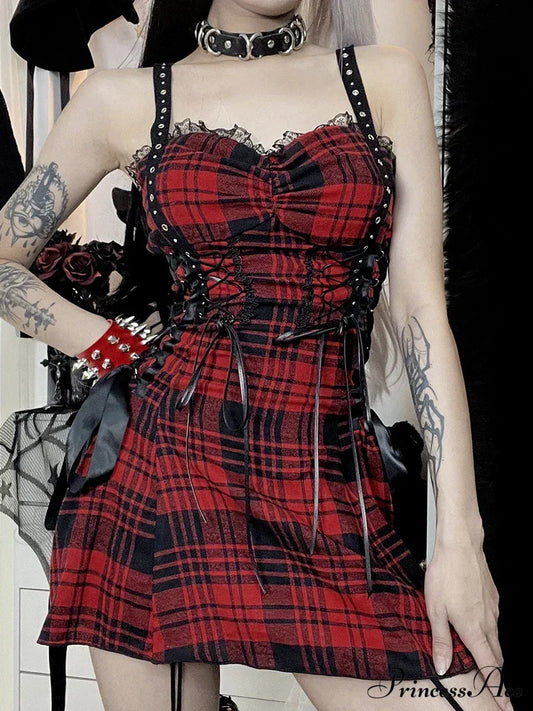 Red Plaid Street Goth Fairy Grunge Y2K Pleated Lace-Up Tube Lolita Eyelet Corset Mini Dress