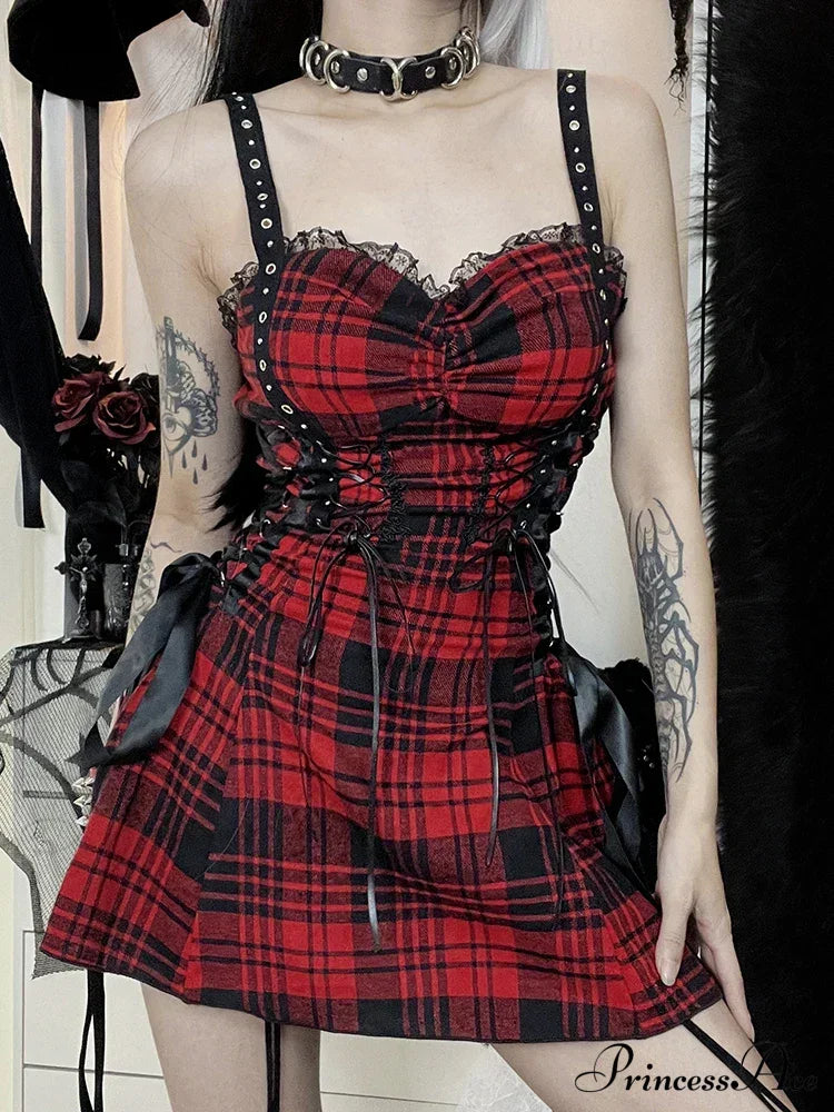 Red Plaid Street Goth Fairy Grunge Y2K Pleated Lace-Up Tube Lolita Eyelet Corset Mini Dress / S