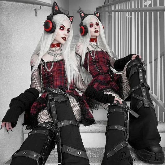 Red Plaid Street Goth Fairy Grunge Y2K Pleated Lace-Up Tube Lolita Partywear Eyelet Corset Dress