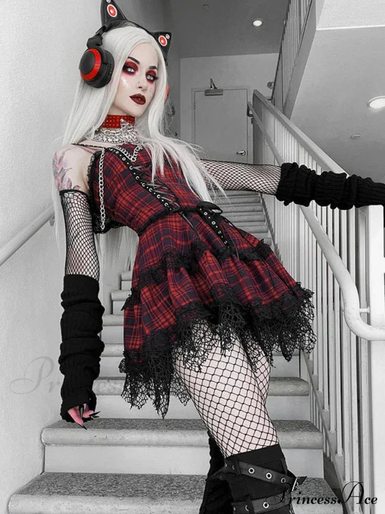 Red Plaid Street Goth Fairy Grunge Y2K Pleated Lace-Up Tube Lolita Partywear Eyelet Corset Dress