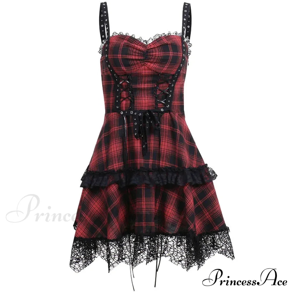 Red Plaid Street Goth Fairy Grunge Y2K Pleated Lace-Up Tube Lolita Partywear Eyelet Corset Dress