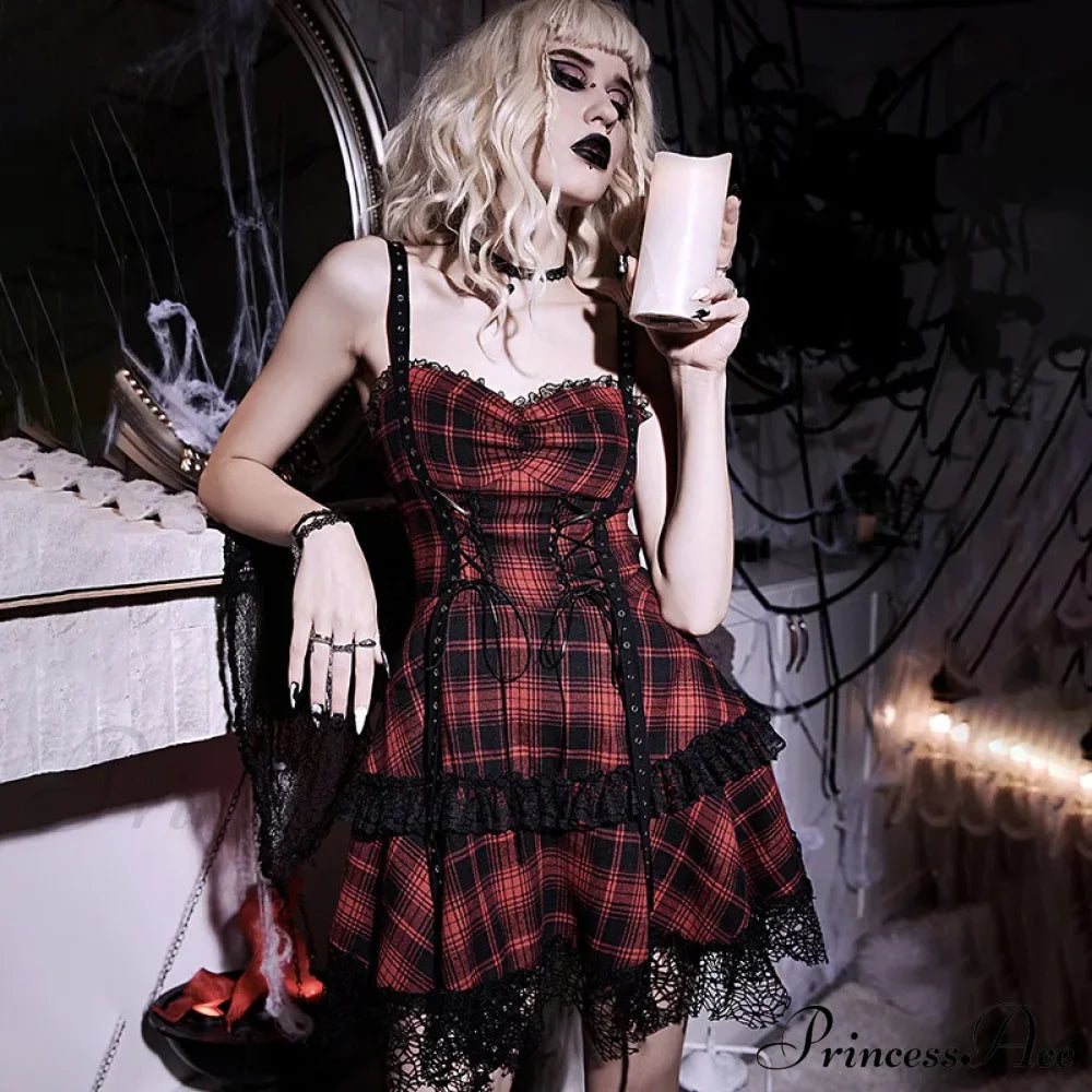 Red Plaid Street Goth Fairy Grunge Y2K Pleated Lace-Up Tube Lolita Partywear Eyelet Corset Dress