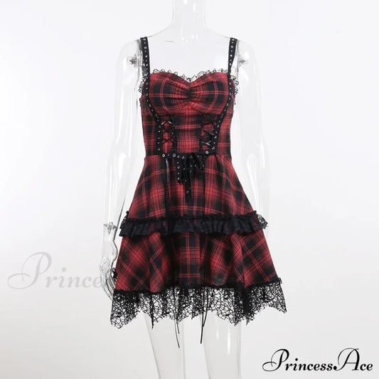 Red Plaid Street Goth Fairy Grunge Y2K Pleated Lace-Up Tube Lolita Partywear Eyelet Corset Dress / S