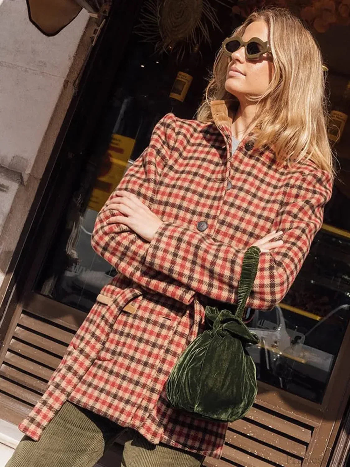 Red Plaid Wool Jacket with Belt Coat