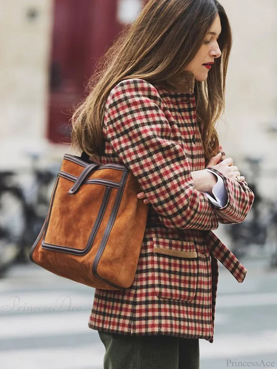 Red Plaid Wool Jacket with Belt Coat
