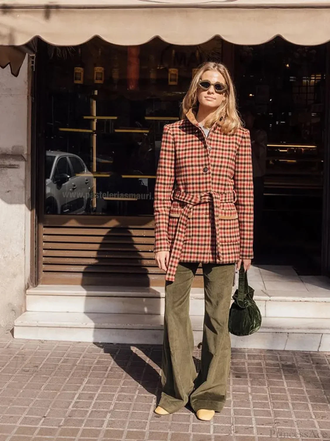 Red Plaid Wool Jacket with Belt Coat