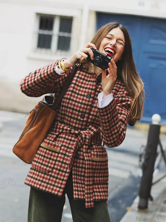 Red Plaid Wool Jacket with Belt Coat Figure Color / S