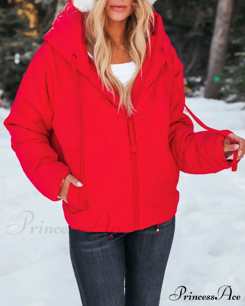 Red Pocketed Hooded Puffer Jacket - Stay Awhile Coats-L