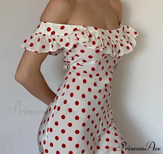 Red Polka Dot Charming Off Shoulder Maxi Dress Dresses