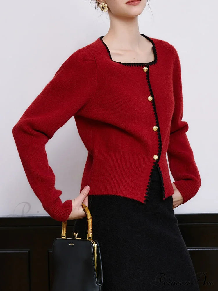 Red Retro Style Contrast Color Cardigan Cardigan-241208