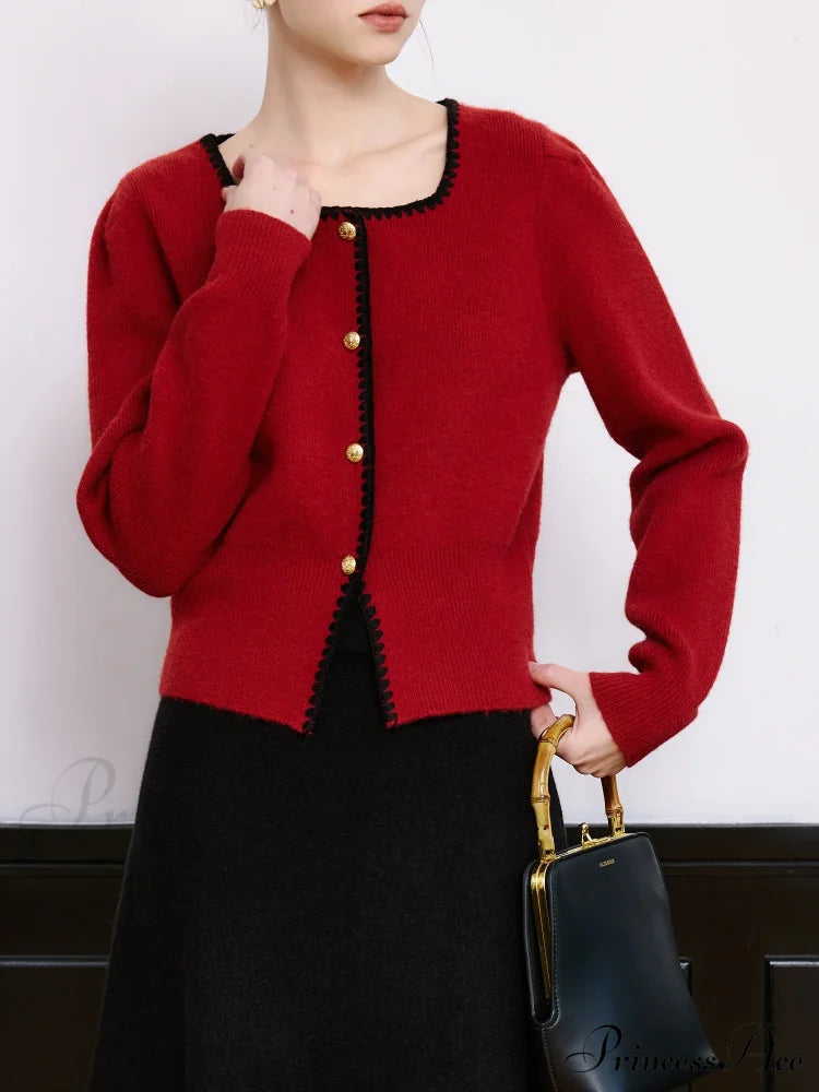 Red Retro Style Contrast Color Cardigan / Xs Cardigan-241208