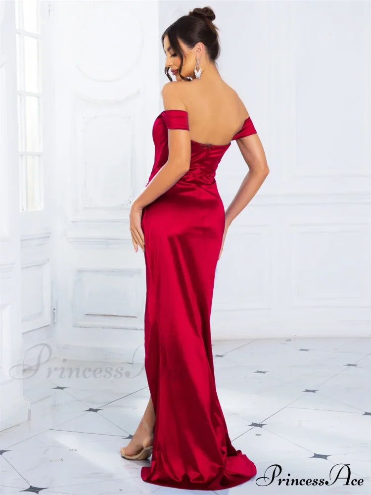 Red Satin Fish Bone Party Dress Partydress-241208