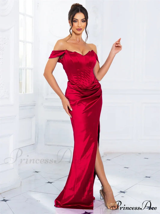 Red Satin Fish Bone Party Dress Partydress-241208