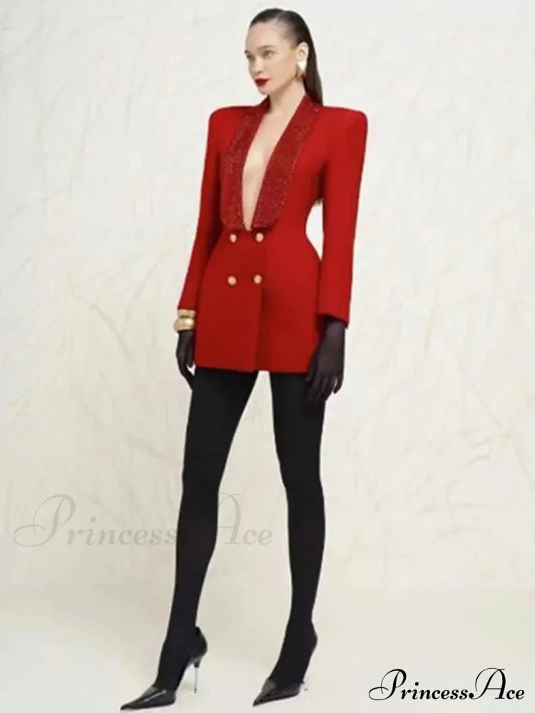 Red Sequin Collar Charming Open Back Blazer Dress Black Suit