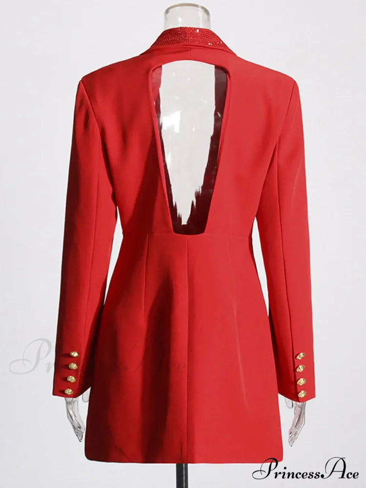 Red Sequin Collar Charming Open Back Blazer Dress Black Suit