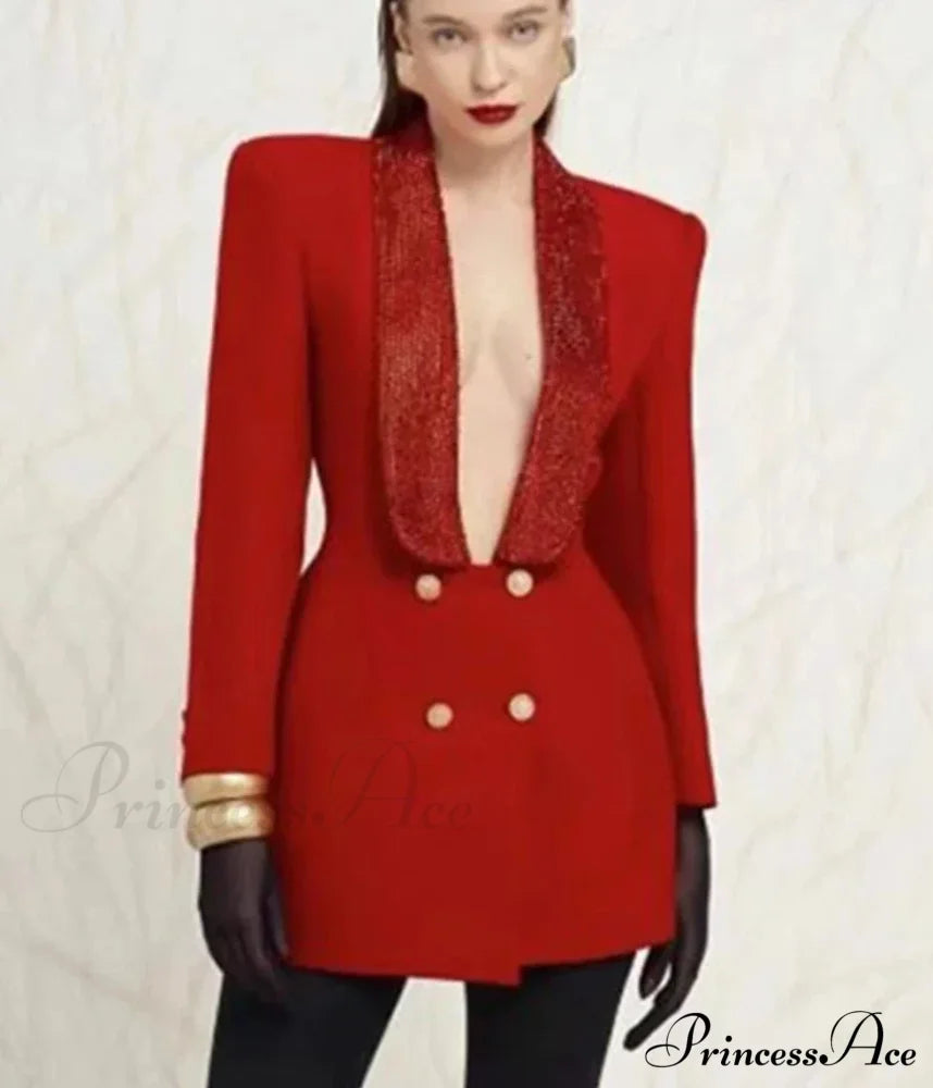 Red Sequin Collar Charming Open Back Blazer Dress Black Suit