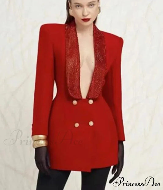 Red Sequin Collar Charming Open Back Blazer Dress Black Suit