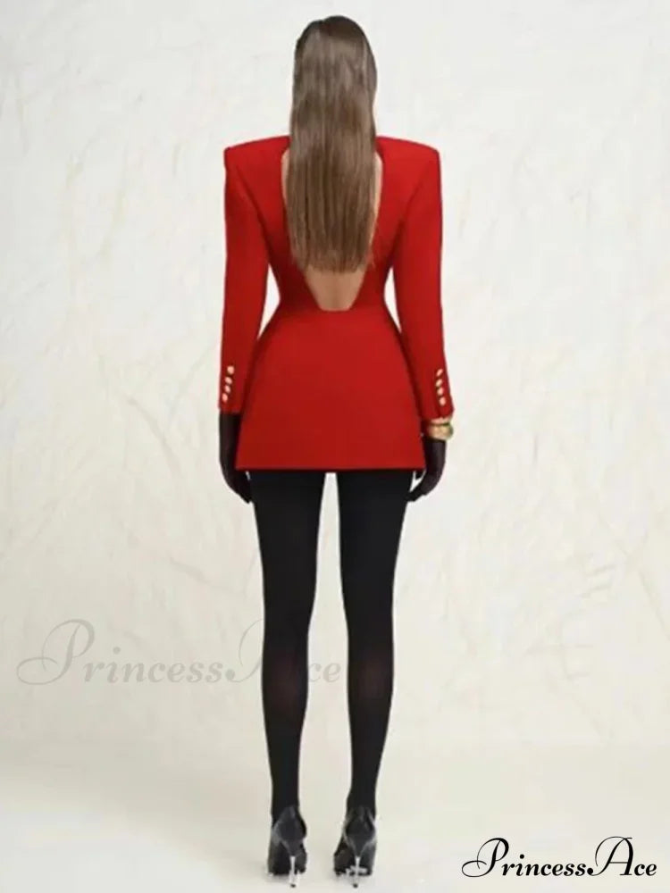 Red Sequin Collar Charming Open Back Blazer Dress Black Suit
