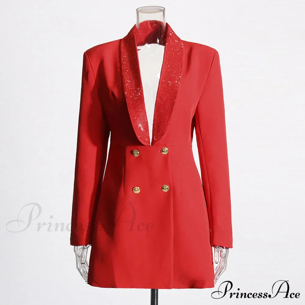 Red Sequin Collar Charming Open Back Blazer Dress Black Suit
