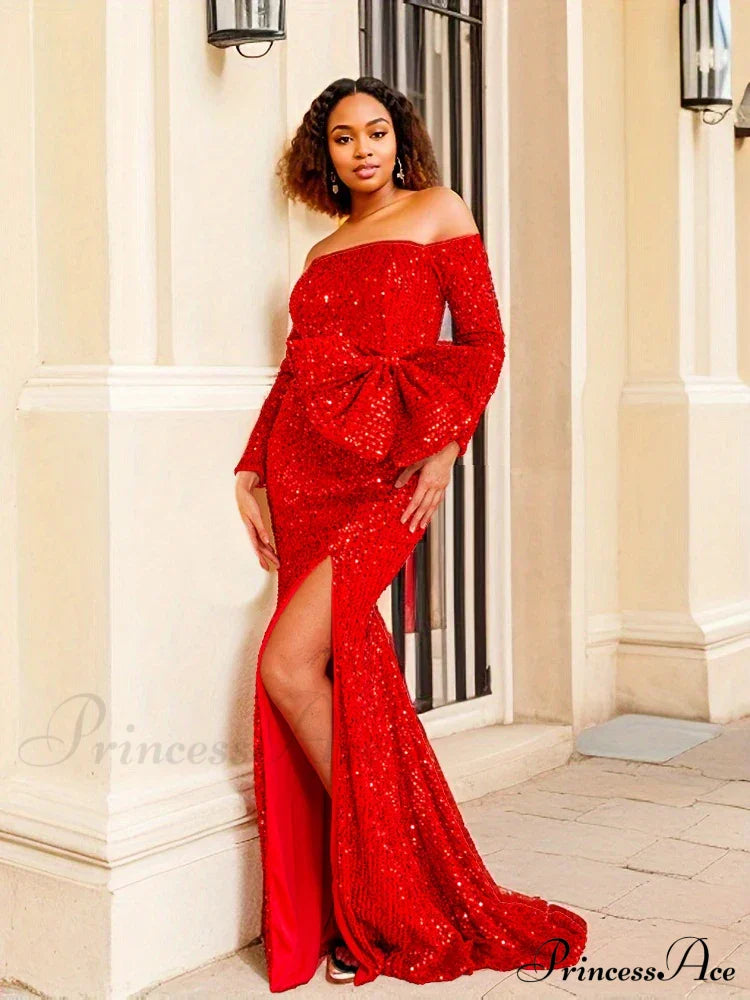 Red Sequined Split Maxi Party Dress Partydress-241208