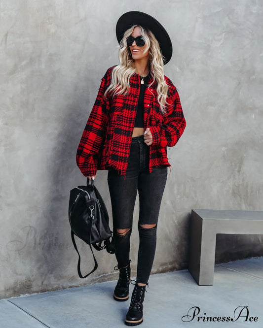 Red South Lake Frayed Plaid Shacket Coats-L