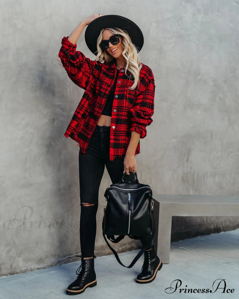 Red South Lake Frayed Plaid Shacket Coats-L