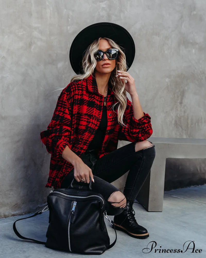 Red South Lake Frayed Plaid Shacket Coats-L