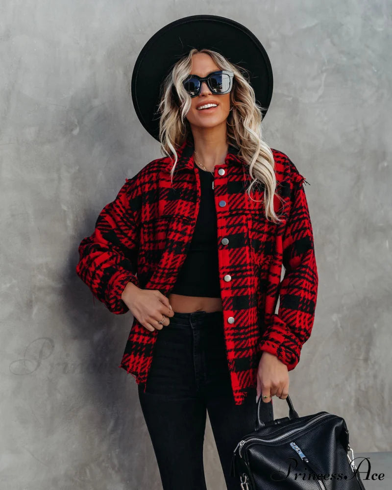 Red South Lake Frayed Plaid Shacket Coats-L