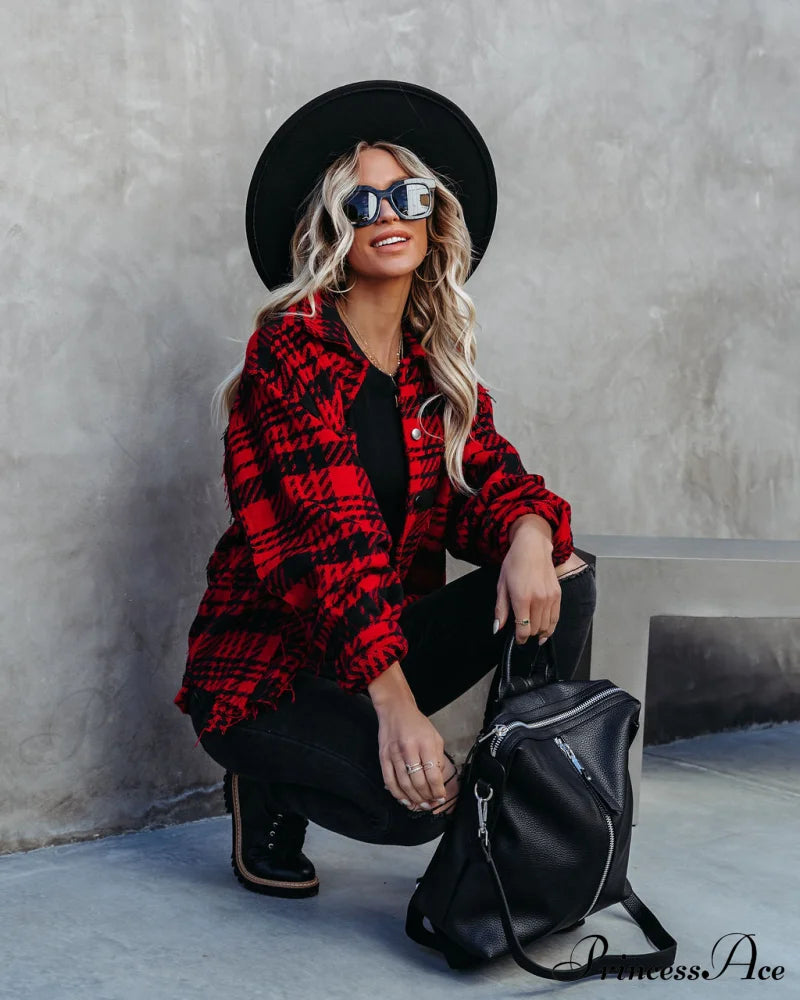 Red South Lake Frayed Plaid Shacket Coats-L