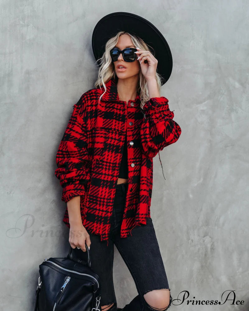 Red South Lake Frayed Plaid Shacket Coats-L