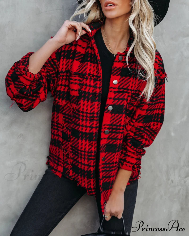 Red South Lake Frayed Plaid Shacket Coats-L