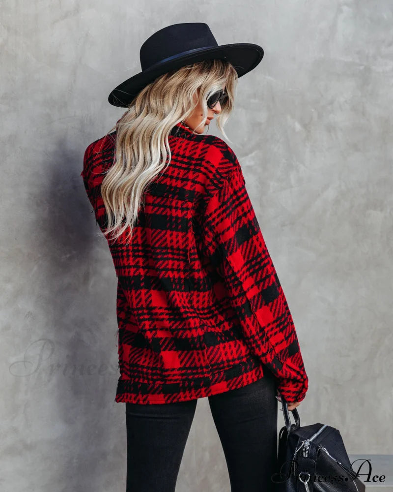 Red South Lake Frayed Plaid Shacket Coats-L