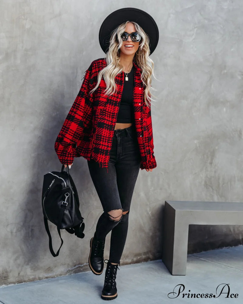 Red South Lake Frayed Plaid Shacket Coats-L